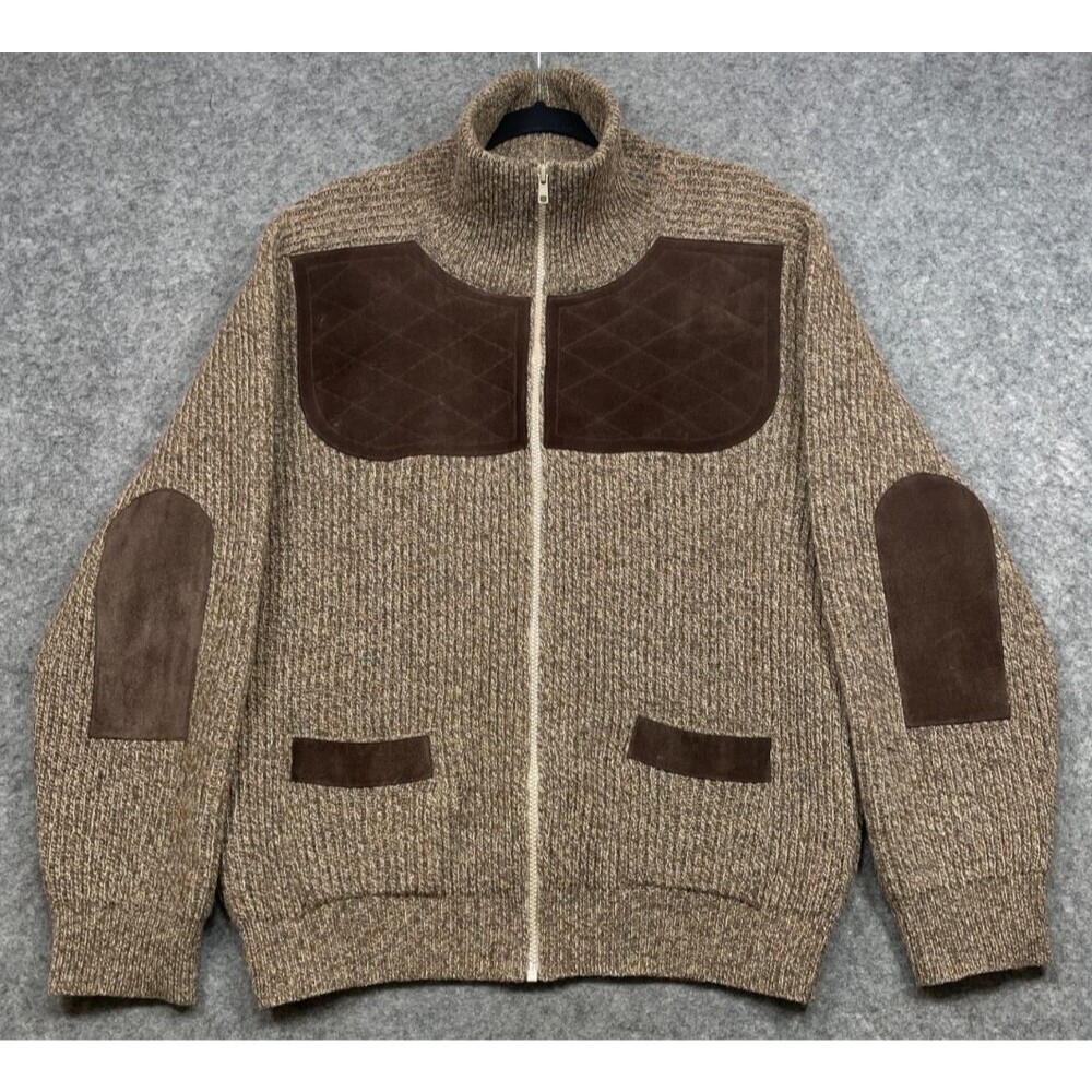Lochaven of Scotland Sweater Mens M Brown Wool Full Zip Suede Patches Cardigan